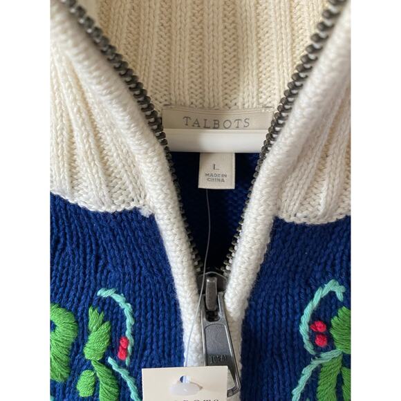 NWT Talbots Nordic Floral Embroidered 100% Cotton Mock Neck Zip Cardigan- Size L - Picture 5 of 6